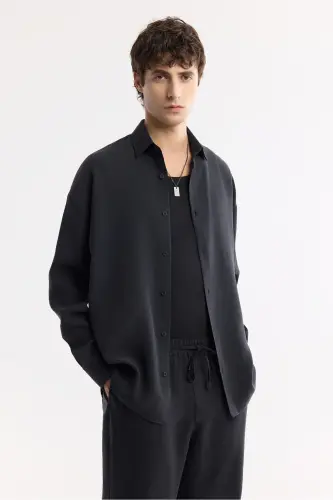Erkek Siyah Alttan Britli Yaka Soft Touch Oversize Fit Gömlek A51Y2168 - Siyah - 5