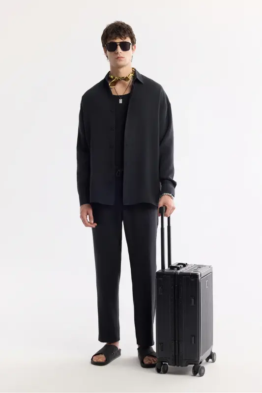 Erkek Siyah Alttan Britli Yaka Soft Touch Oversize Fit Gömlek A51Y2168 - Siyah - 7