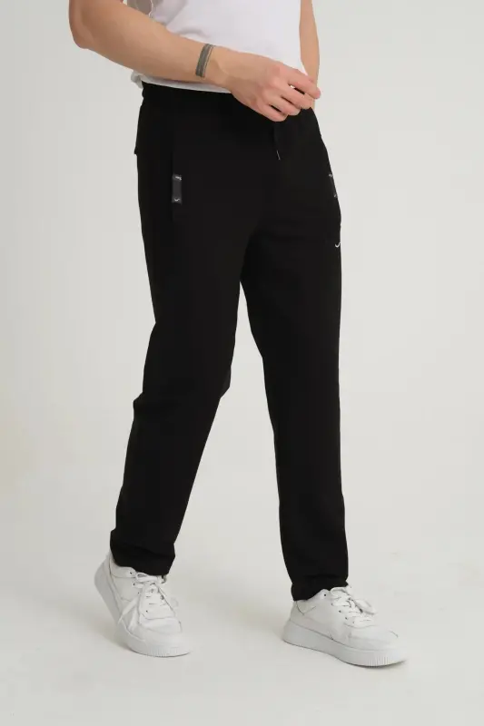 Erkek Siyah-antrasit Rahat Kesim Düz Paça Nakış Detaylı Penye Kumaş Eşofman Altı-Siyah - 7