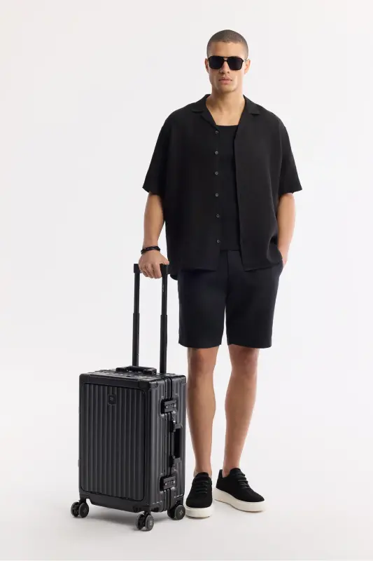 Erkek Siyah Apaj Yaka %100 Keten Kısa Kol Oversize Fit Gömlek A51Y2209 - Siyah - 7