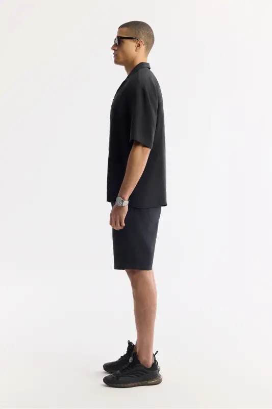 Erkek Siyah Apaj Yaka Soft Touch Kısa Kol Oversize Fit Gömlek A51Y2006 - Siyah - 3
