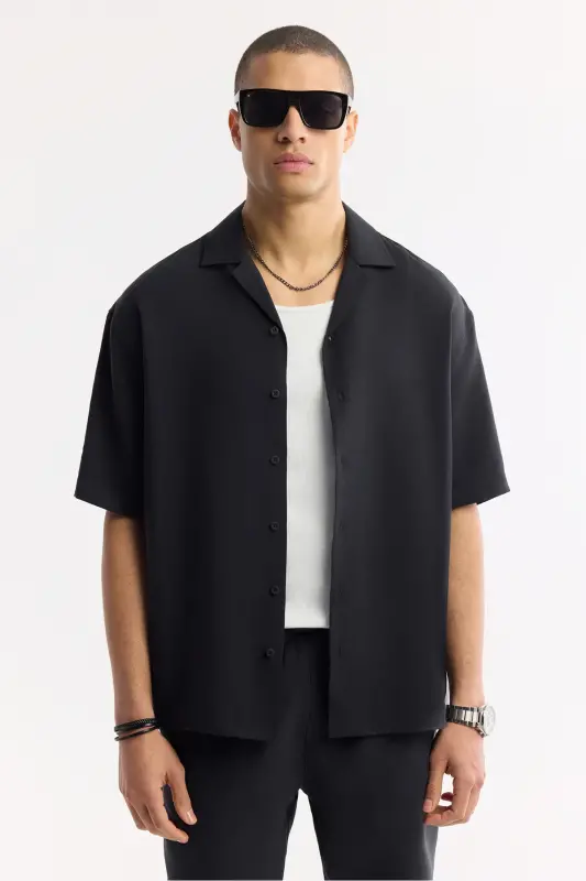 Erkek Siyah Apaj Yaka Soft Touch Kısa Kol Oversize Fit Gömlek A51Y2006 - Siyah - 5