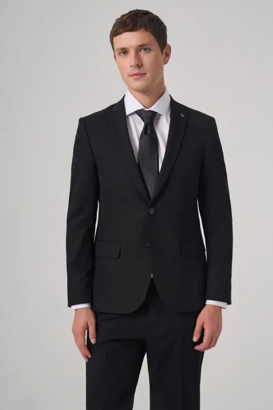 Erkek Siyah Basic Düz Slim Fit Dar Kesim Çift Yırtmaç Takım Elbise - 1