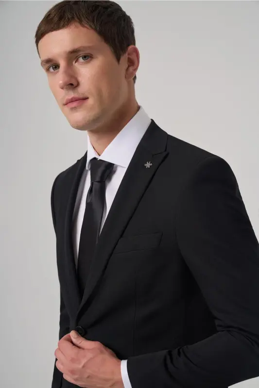 Erkek Siyah Basic Düz Slim Fit Dar Kesim Çift Yırtmaç Takım Elbise - 2