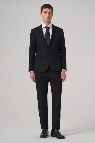 Erkek Siyah Basic Düz Slim Fit Dar Kesim Çift Yırtmaç Takım Elbise - 3
