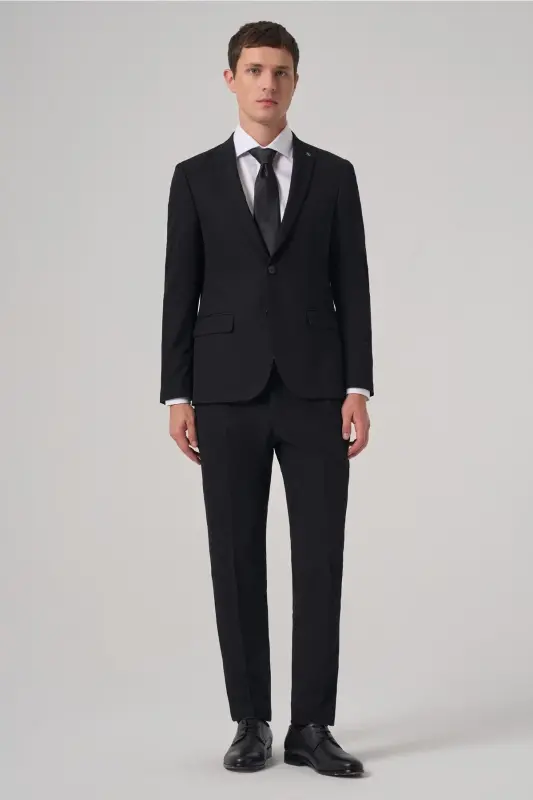Erkek Siyah Basic Düz Slim Fit Dar Kesim Çift Yırtmaç Takım Elbise - 3