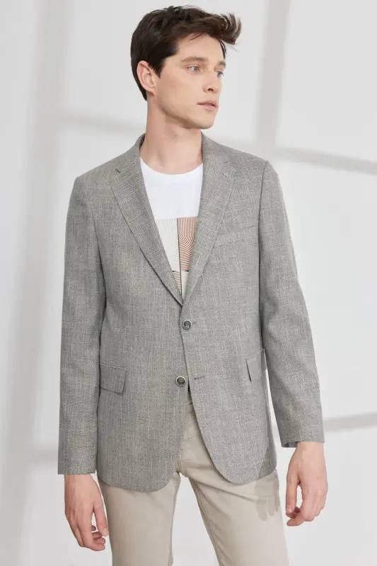 Erkek Siyah-bej Comfort Fit Rahat Kesim Mono Yaka Desenli Blazer Ceket - Siyah-Bej - 1