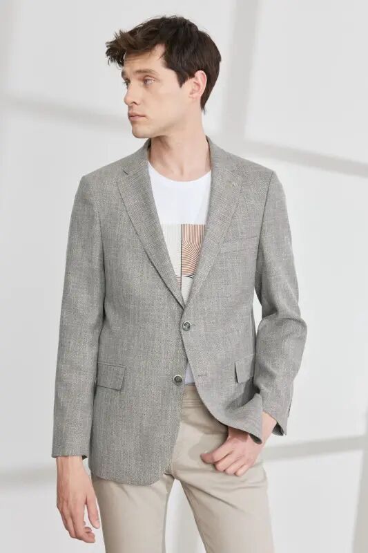 Erkek Siyah-bej Comfort Fit Rahat Kesim Mono Yaka Desenli Blazer Ceket - Siyah-Bej - 4