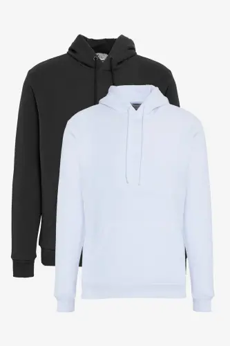 Erkek Siyah-Beyaz 2'li Paket Pamuklu İçi Polarlı Sweatshirt Kapüşonlu Kanguru Cepli Standart Fit - Beyaz-Siyah - 1