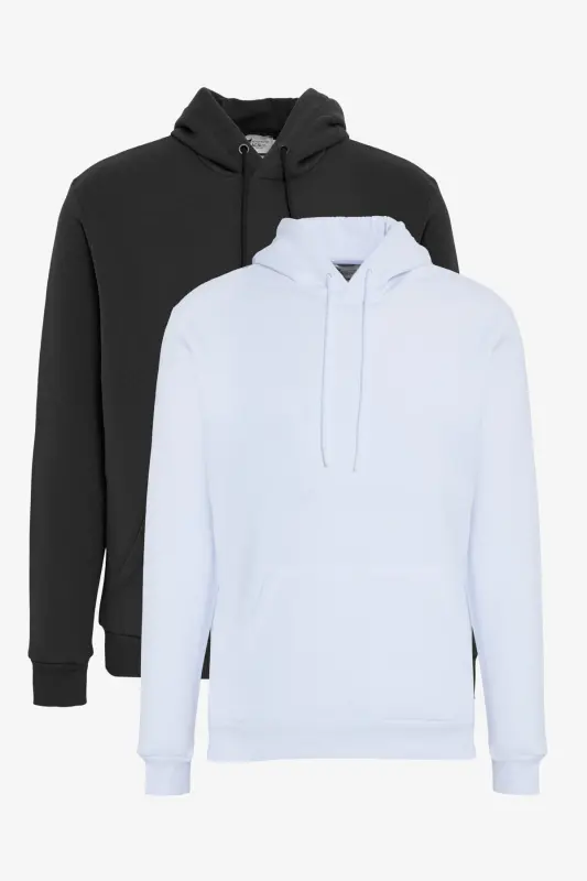 Erkek Siyah-Beyaz 2'li Paket Pamuklu İçi Polarlı Sweatshirt Kapüşonlu Kanguru Cepli Standart Fit - Beyaz-Siyah - 1