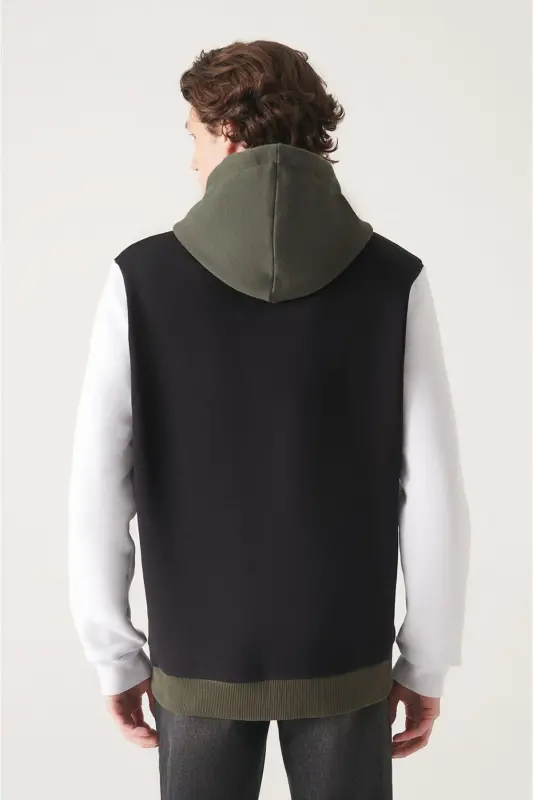 Erkek Siyah-Beyaz Kapüşonlu 3 İplik Şardonlu Sweatshirt A22Y1262 - Siyah-Beyaz - 4