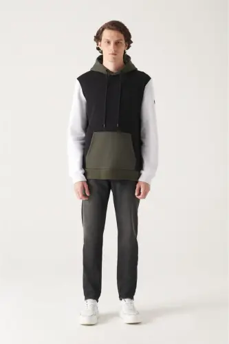 Erkek Siyah-Beyaz Kapüşonlu 3 İplik Şardonlu Sweatshirt A22Y1262 - Siyah-Beyaz - 5