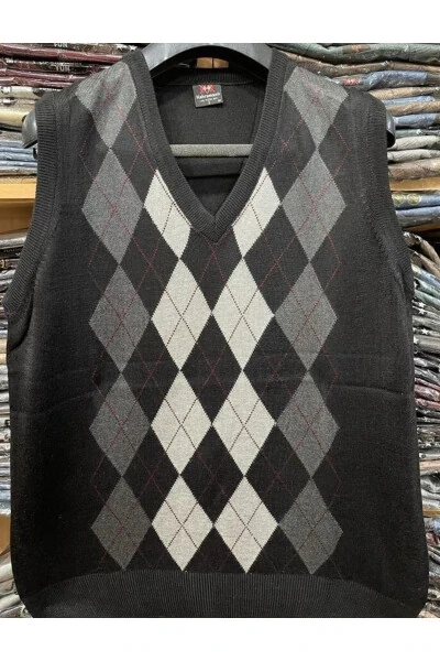 Erkek Siyah Beyaz Kareli Desenli V Yaka Ince Triko Süveter-SİYAH BEYAZ - FATELLA