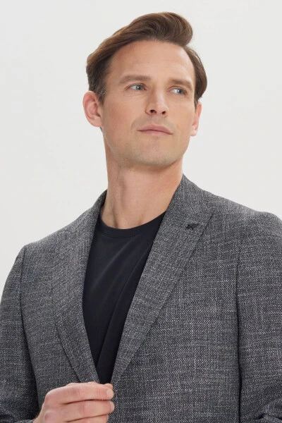 Erkek Siyah-Beyaz Regular Fit Rahat Kesim Kırlangıç Yaka Desenli Blazer Ceket - 4