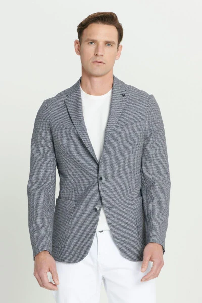 Erkek Siyah-Beyaz Slim Fit Dar Kesim Mono Yaka Desenli Blazer Ceket - 3