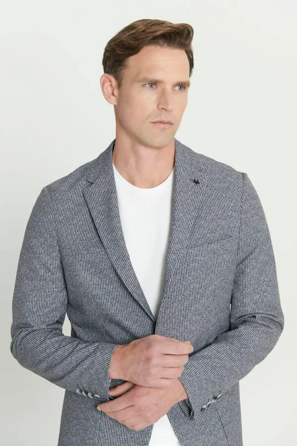 Erkek Siyah-Beyaz Slim Fit Dar Kesim Mono Yaka Desenli Blazer Ceket - 4