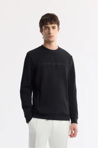 Erkek Siyah Bisiklet Yaka Baskılı Bi-Stretch İnterlok Regular Fit Sweatshirt A51Y1208 - Siyah 