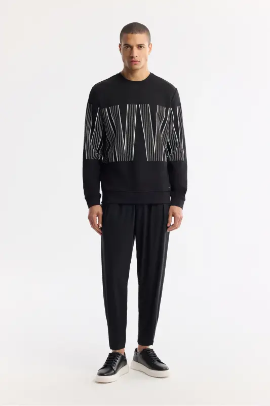 Erkek Siyah Bisiklet Yaka Baskılı Bi-Stretch İnterlok Regular Fit Sweatshirt A51Y1227 - Siyah - 5