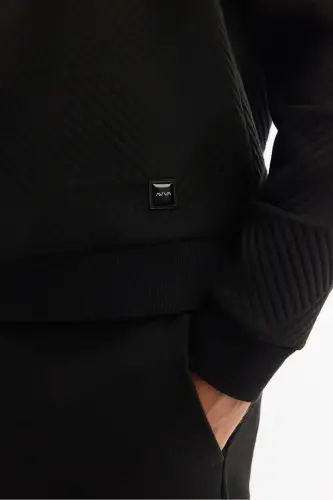 Erkek Siyah Bisiklet Yaka Baskılı Elastan Regular Fit Sweatshirt A42Y1275 - Siyah - 3