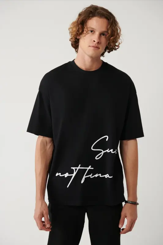Erkek Siyah %100 Pamuk Bisiklet Yaka Baskılı Oversize Fit T-Shirt A41Y1038-Siyah - 3