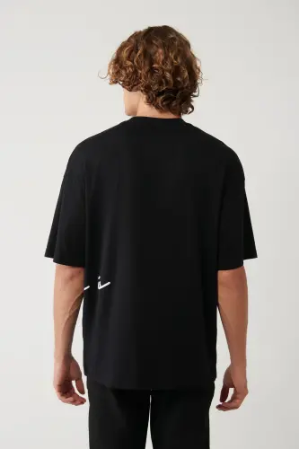 Erkek Siyah %100 Pamuk Bisiklet Yaka Baskılı Oversize Fit T-Shirt A41Y1038-Siyah - 4
