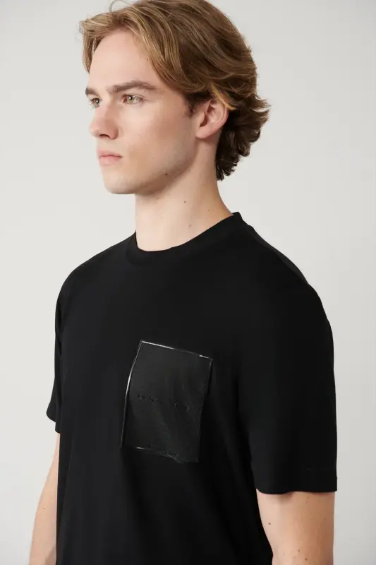Erkek Siyah Bisiklet Yaka Baskılı Soft Touch Regular Fit T-Shirt A41Y1010 - Siyah - 2