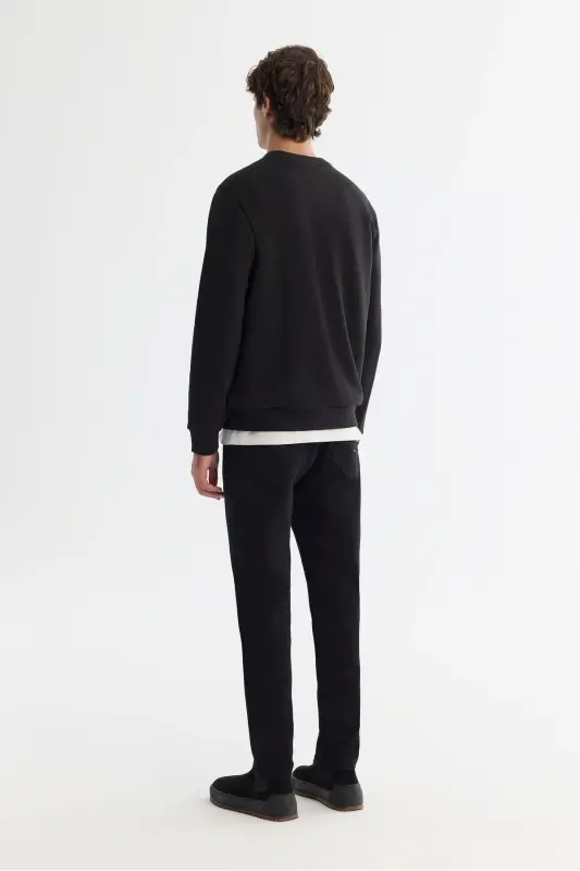 Erkek Siyah Bisiklet Yaka Pamuklu Şardonlu Baskılı Regular Fit Sweatshirt B001033 - Siyah - 4