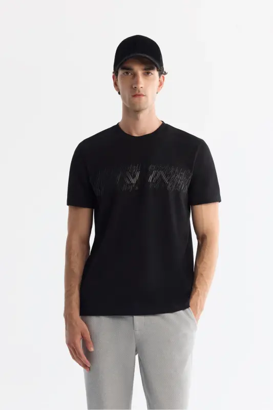 Erkek Siyah Bisiklet Yaka İnterlok Elastan Regular Fit T-Shirt A42Y1005-Siyah - AVVA