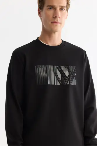 Erkek Siyah Bisiklet Yaka Pamuklu Baskılı Elastan Regular Fit Sweatshirt A42Y1215 - Siyah - 2