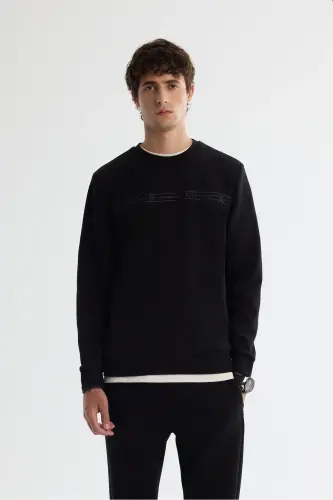 Erkek Siyah Bisiklet Yaka Pamuklu Baskılı Elastan Regular Fit Sweatshirt A42Y1308 - Siyah 