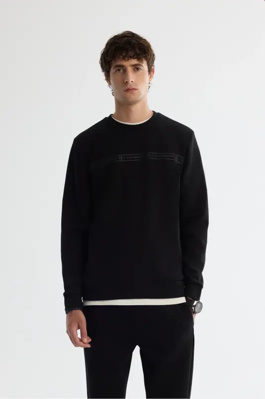 Erkek Siyah Bisiklet Yaka Pamuklu Baskılı Elastan Regular Fit Sweatshirt A42Y1308 - Siyah - 1