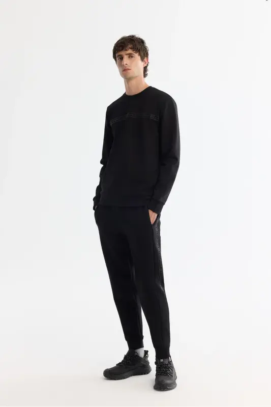 Erkek Siyah Bisiklet Yaka Pamuklu Baskılı Elastan Regular Fit Sweatshirt A42Y1308 - Siyah - 5