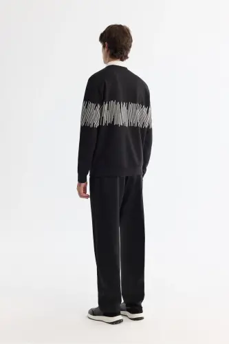 Erkek Siyah Bisiklet Yaka Pamuklu Çizgili Sweatshirt B001203 - Siyah - 4