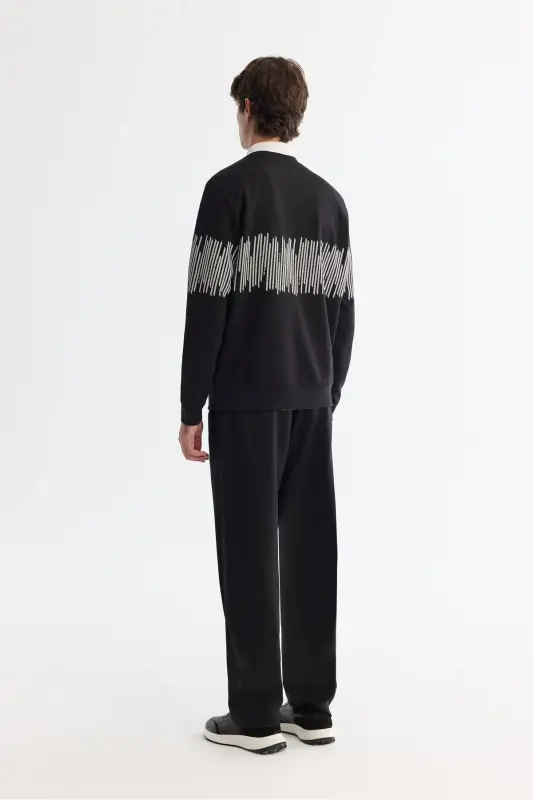 Erkek Siyah Bisiklet Yaka Pamuklu Çizgili Sweatshirt B001203 - Siyah - 4