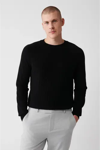 Erkek Siyah Bisiklet Yaka Reglan Kol Triko Regular Fit Kazak A32Y5155 - Siyah - 1