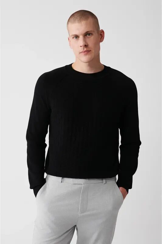 Erkek Siyah Bisiklet Yaka Reglan Kol Triko Regular Fit Kazak A32Y5155 - Siyah - Avva
