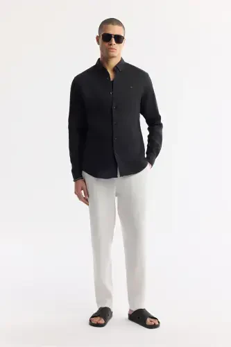 Erkek Siyah Düğmeli Yaka %100 Keten Comfort Fit Gömlek B002191-Siyah - 5