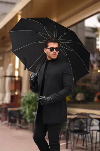 Erkek Siyah Dar Kesim Dik Yaka Kaşe Kaban-SİYAH - 3