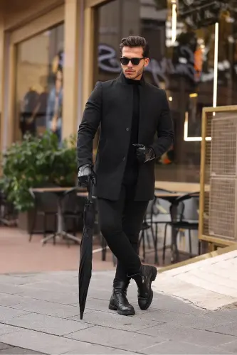 Erkek Siyah Dar Kesim Dik Yaka Kaşe Kaban-SİYAH - 1