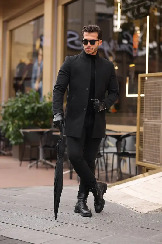 Erkek Siyah Dar Kesim Dik Yaka Kaşe Kaban - SİYAH - MİX CLOTHES