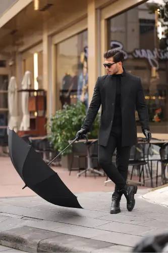 Erkek Siyah Dar Kesim Dik Yaka Kaşe Kaban - SİYAH - MİX CLOTHES (1)