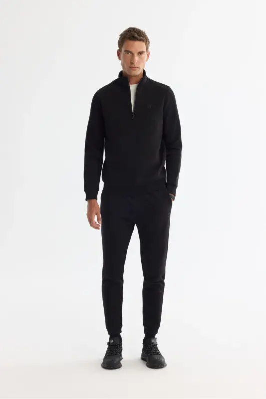 Erkek Siyah Dik Yaka Fermuarlı 3 İplik Şardonlu Regular Fit Sweatshirt E001020 - Siyah - 5