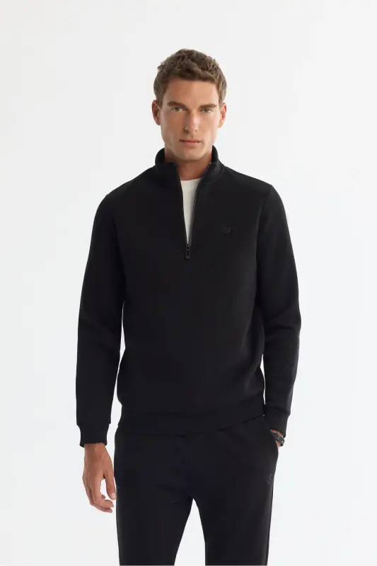 Erkek Siyah Dik Yaka Fermuarlı 3 İplik Şardonlu Regular Fit Sweatshirt E001020 - Siyah - 1