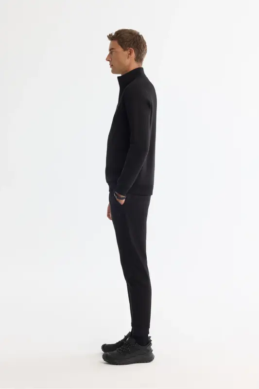 Erkek Siyah Dik Yaka Fermuarlı 3 İplik Şardonlu Regular Fit Sweatshirt E001020 - Siyah - 3