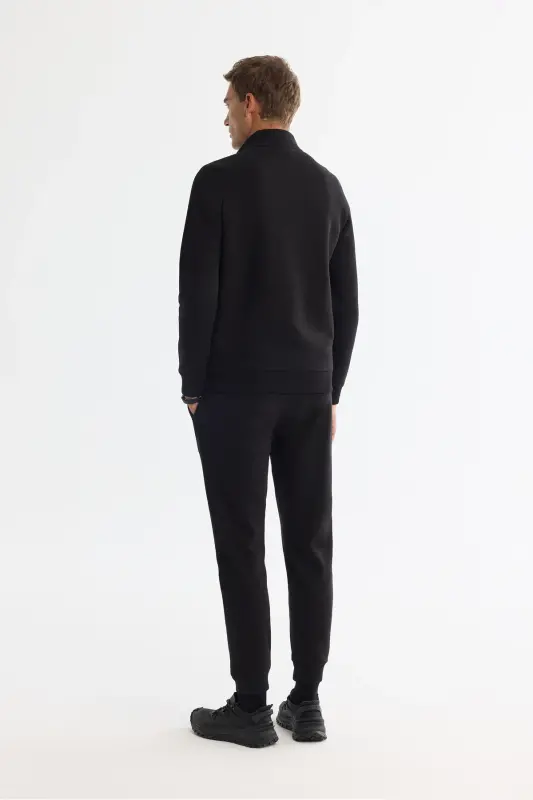 Erkek Siyah Dik Yaka Fermuarlı 3 İplik Şardonlu Regular Fit Sweatshirt E001020 - Siyah - 4