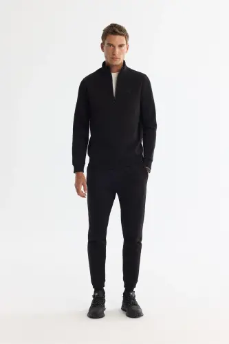 Erkek Siyah Dik Yaka Fermuarlı 3 İplik Şardonlu Regular Fit Sweatshirt E001020 - Siyah - 5