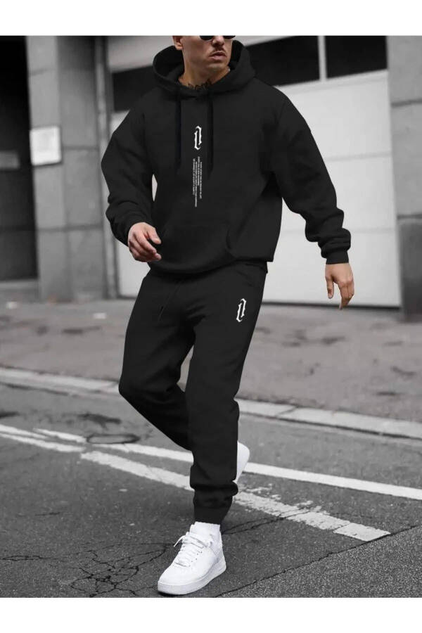 Erkek Siyah Dikey Oversize JOGGER Paça Eşofman Takımı - 4