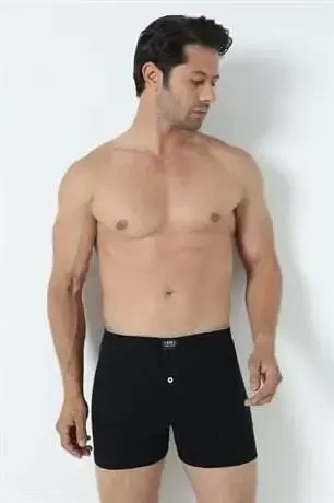 Erkek Siyah Düğmeli Boxer 3'lü Paket %100 Pamuklu Penye - 10