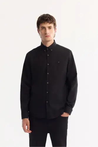 Erkek Siyah Düğmeli Yaka Pamuklu Soft Touch Regular Fit Gömlek B002036 - Siyah 
