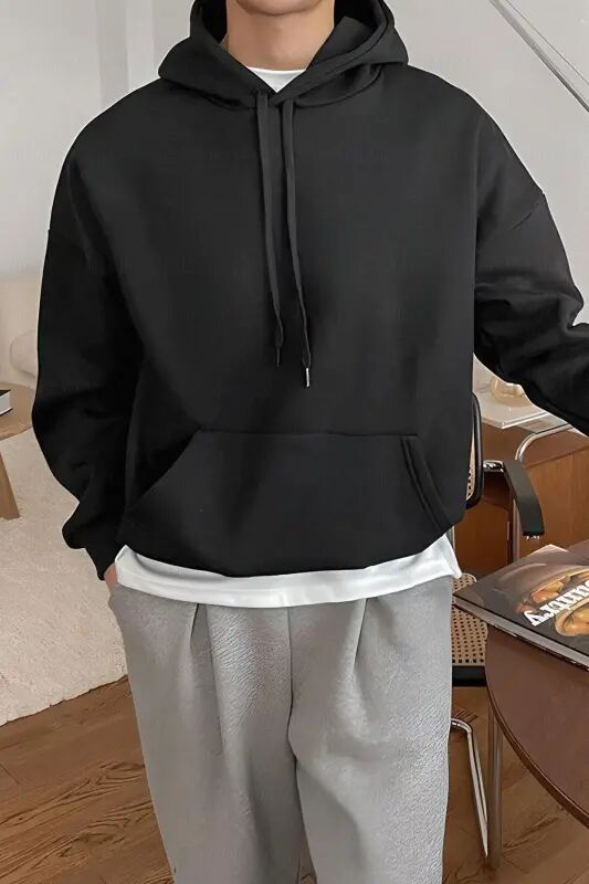 Erkek Siyah Düz Kapüşonlu Oversize3 iplik Şardonlu Salaş Bol Kesim Hoodie Sweatshirt - Siyah - Millionaire